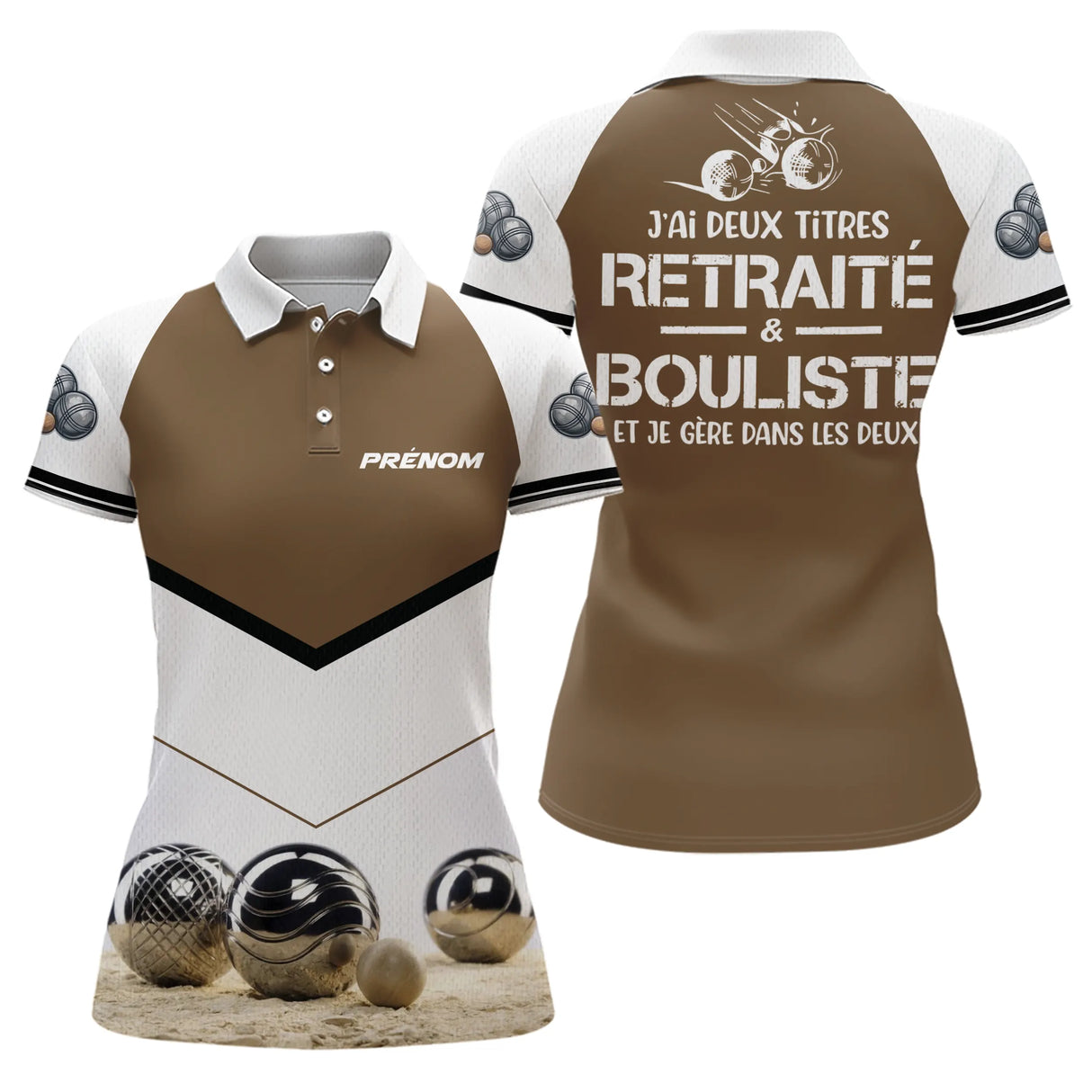 Polo Pétanque Bouliste Personnalisé - Marron & Blanc Retraité - Polo Femme