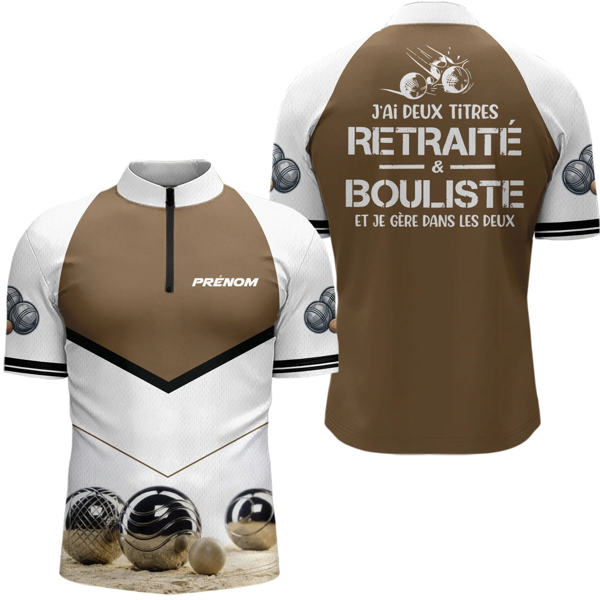 Polo Pétanque Bouliste Personnalisé - Marron & Blanc Retraité - Polo Zippé Homme