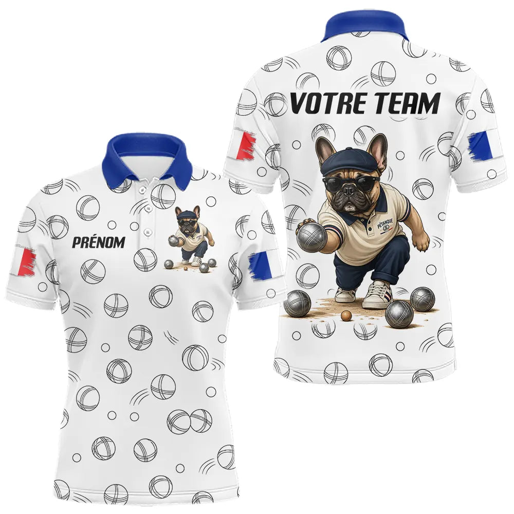 Polo Pétanque Bulldog Français - Bouledogue Blanc Bleu - Polo Homme