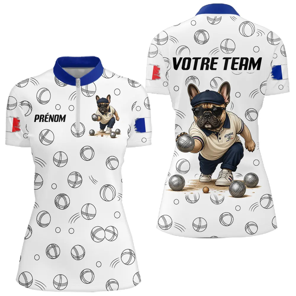 Polo Pétanque Bulldog Français - Bouledogue Blanc Bleu - Polo Zippé Femme