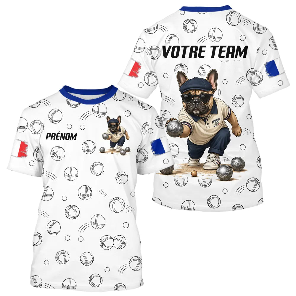 Polo Pétanque Bulldog Français - Bouledogue Blanc Bleu - T-Shirt Homme