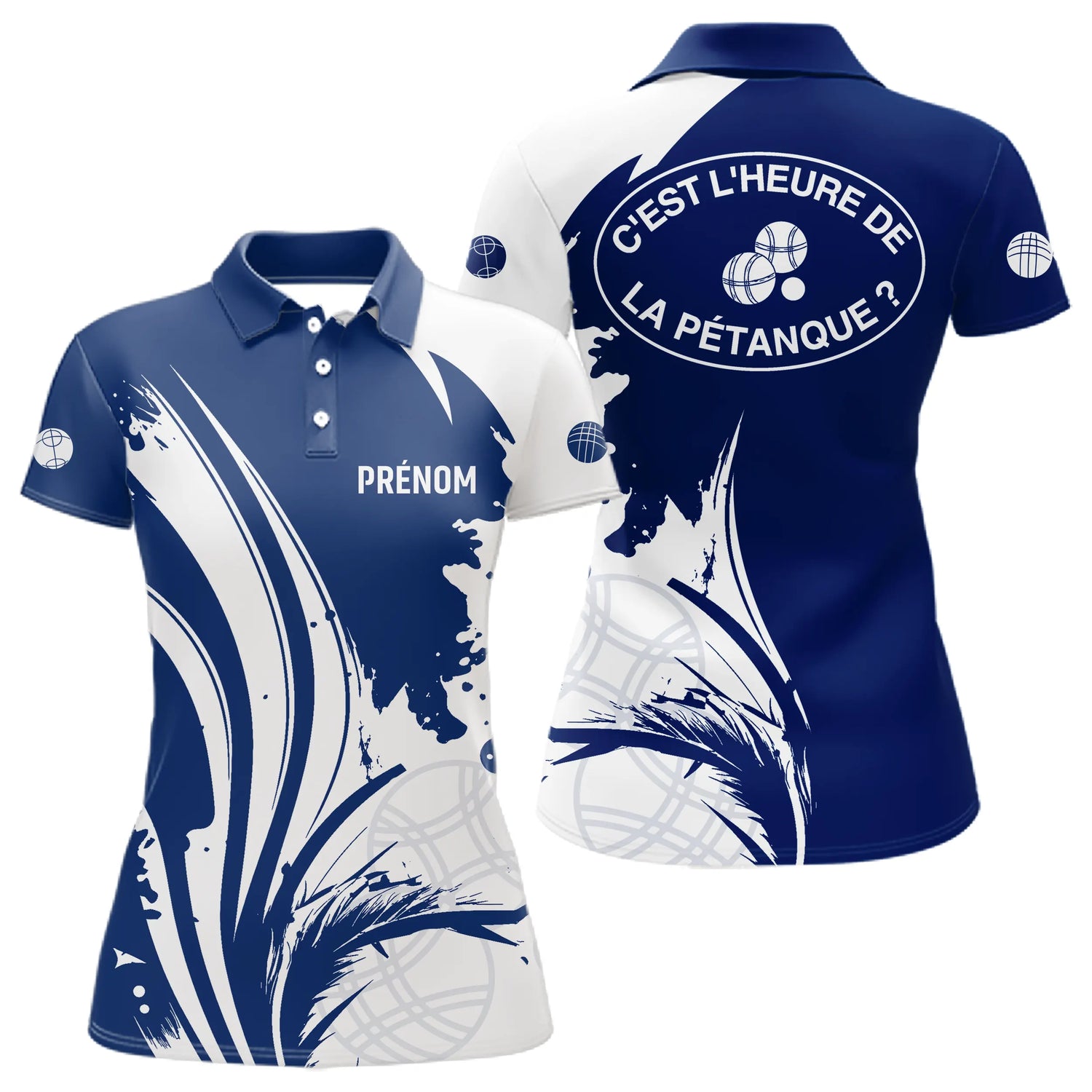 Polo Pétanque C'est l'Heure - Personnalisé Bleu Blanc - Polo Femme
