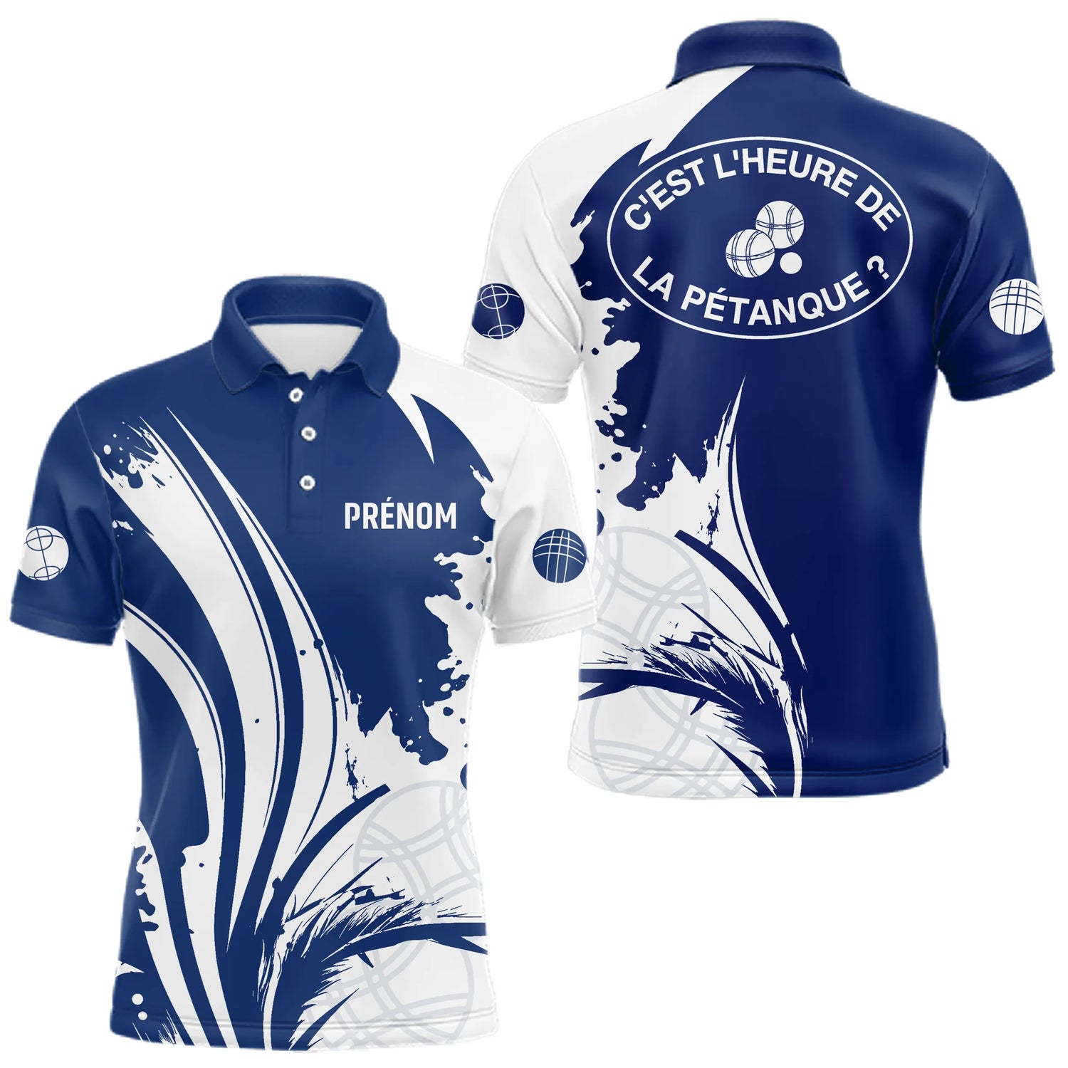 Polo Pétanque C'est l'Heure - Personnalisé Bleu Blanc - Polo Homme