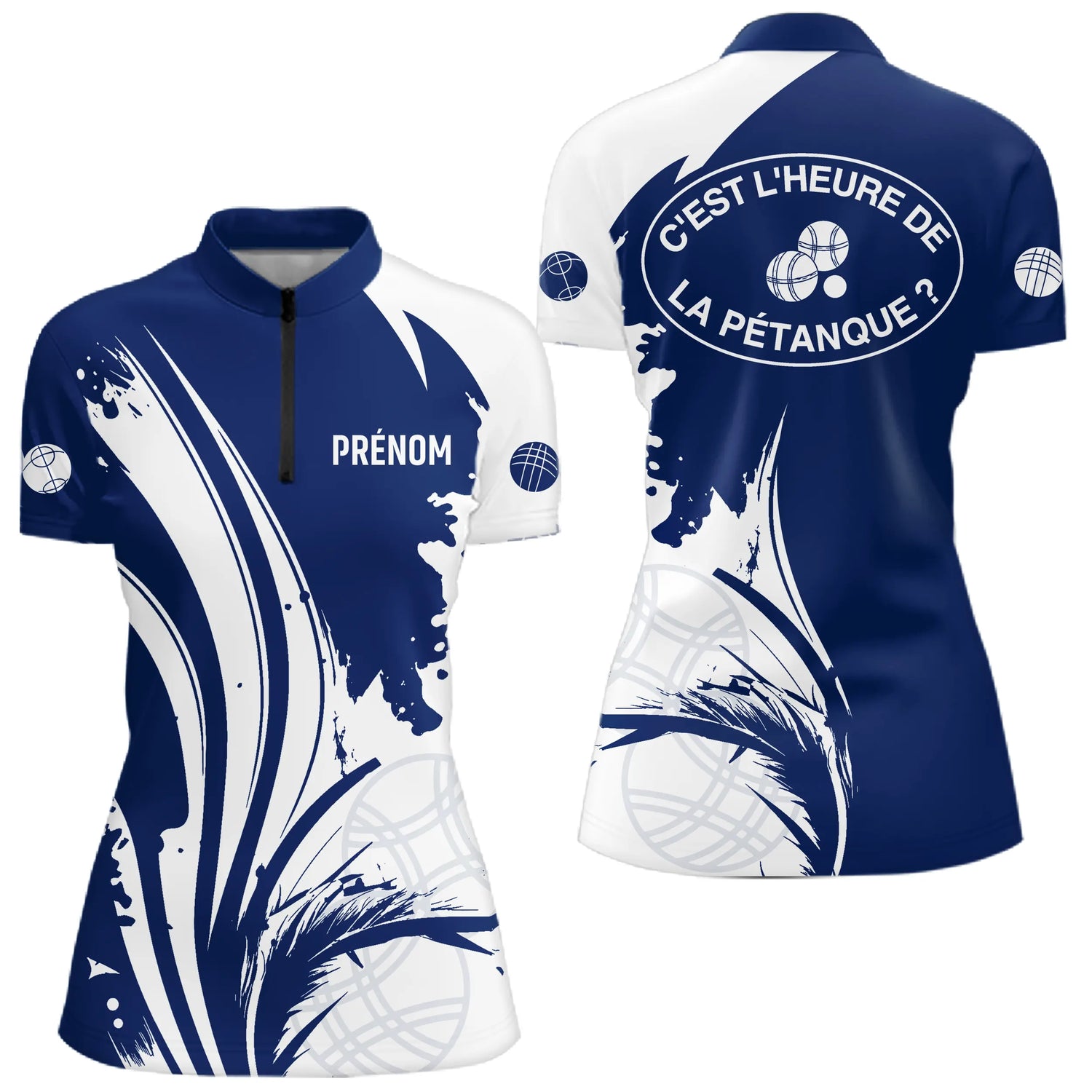 Polo Pétanque C'est l'Heure - Personnalisé Bleu Blanc - Polo Zippé Femme
