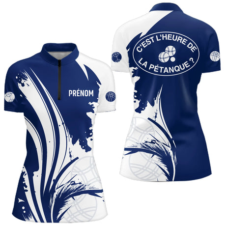 Polo Pétanque C'est l'Heure - Personnalisé Bleu Blanc - Polo Zippé Femme