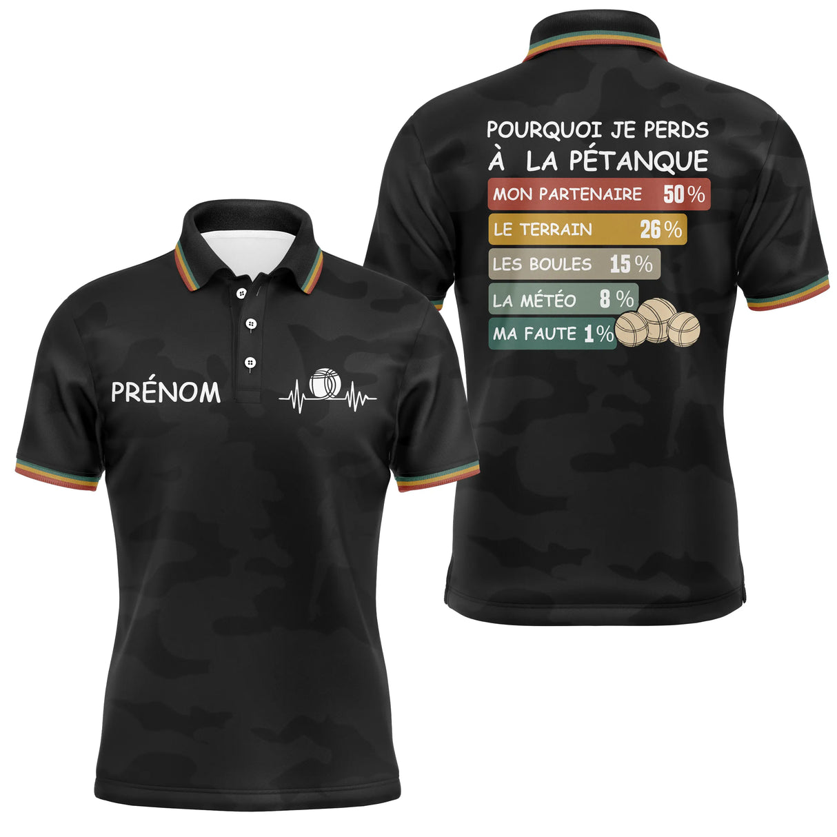 Polo Pétanque Camouflage Noir - Personnalisé Humour Prénom - Polo Homme