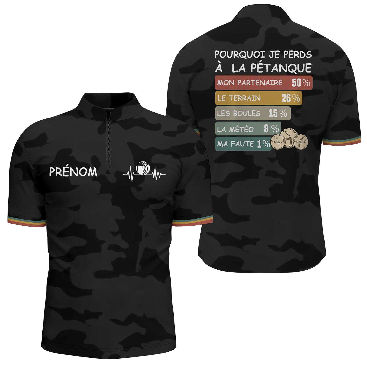 Polo Pétanque Camouflage Noir - Personnalisé Humour Prénom - Polo Zippé Homme