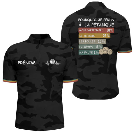 Polo Pétanque Camouflage Noir - Personnalisé Humour Prénom - Polo Zippé Homme