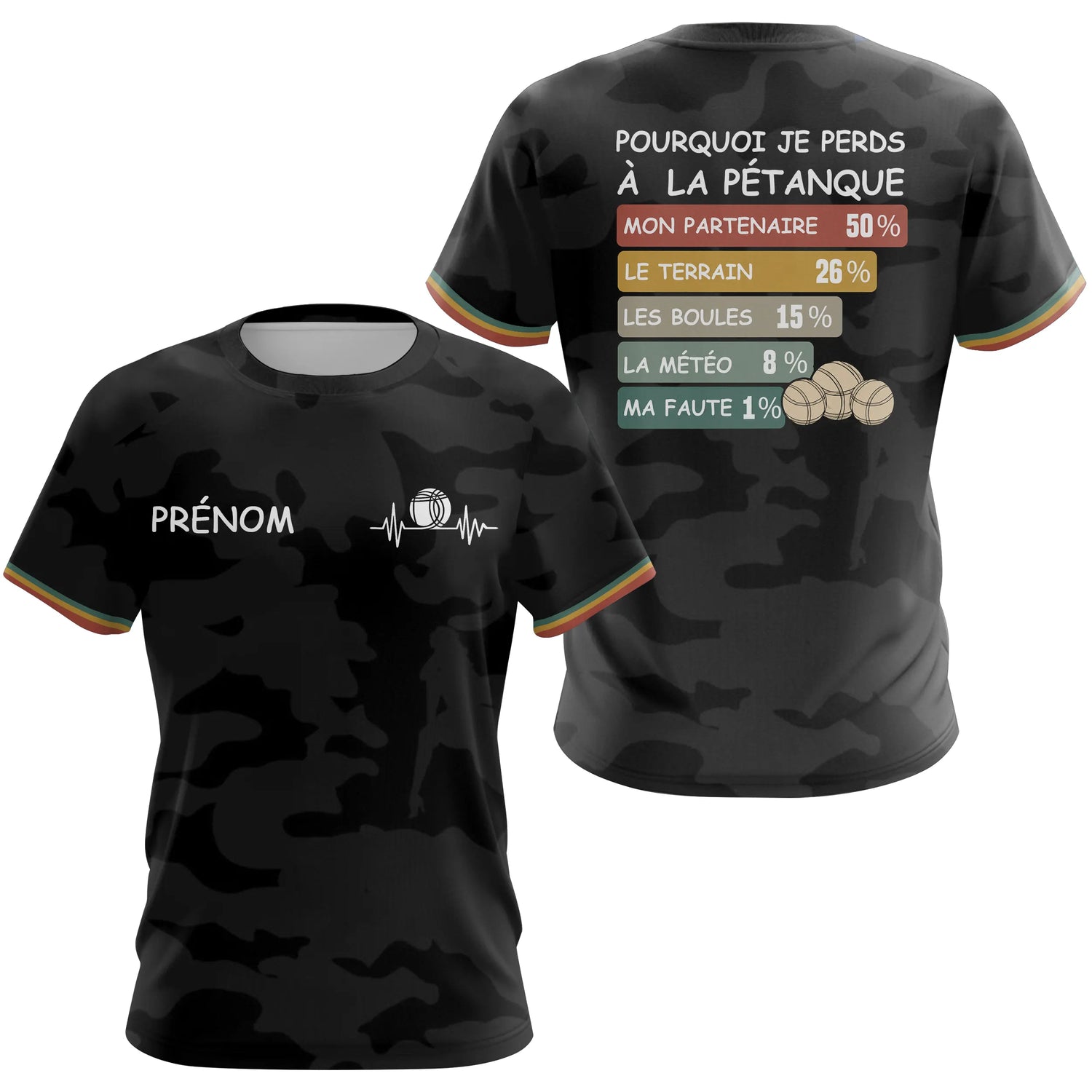 Polo Pétanque Camouflage Noir - Personnalisé Humour Prénom - T-Shirt Femme