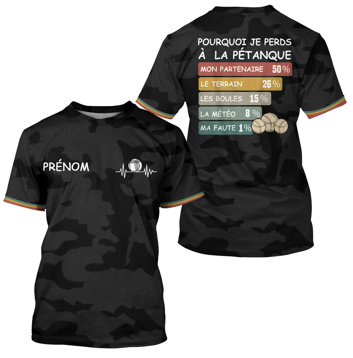 Polo Pétanque Camouflage Noir - Personnalisé Humour Prénom - T-Shirt Homme