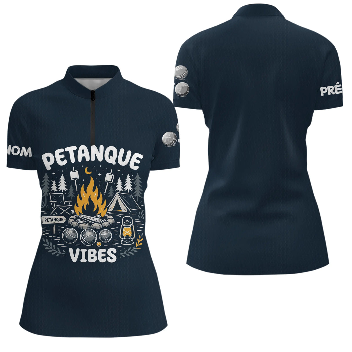 Polo Pétanque & Camping Bleu - Cadeau Boules Homme Femme - Polo Zippé Femme