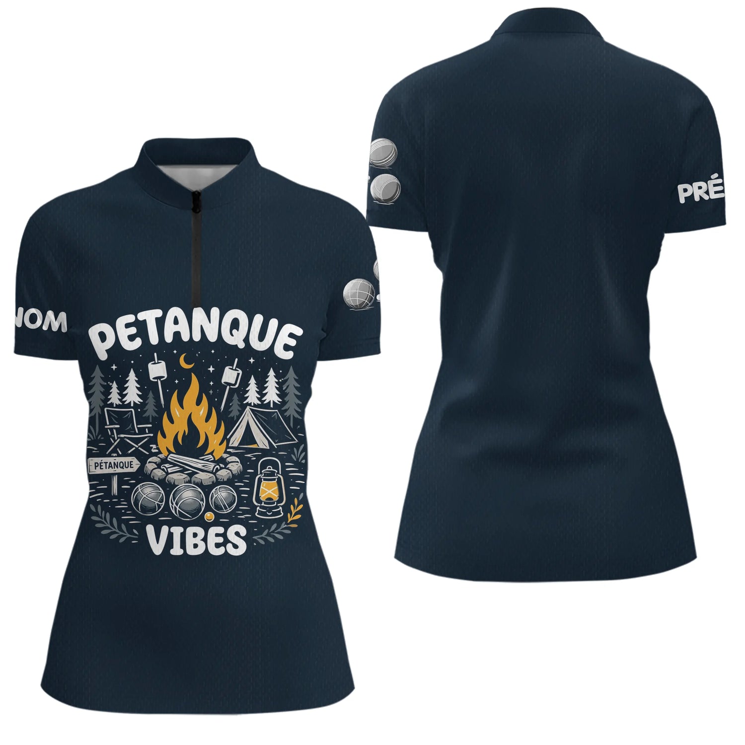 Polo Pétanque & Camping Bleu - Cadeau Boules Homme Femme - Polo Zippé Femme