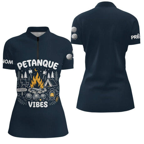 Polo Pétanque & Camping Bleu - Cadeau Boules Homme Femme - Polo Zippé Femme