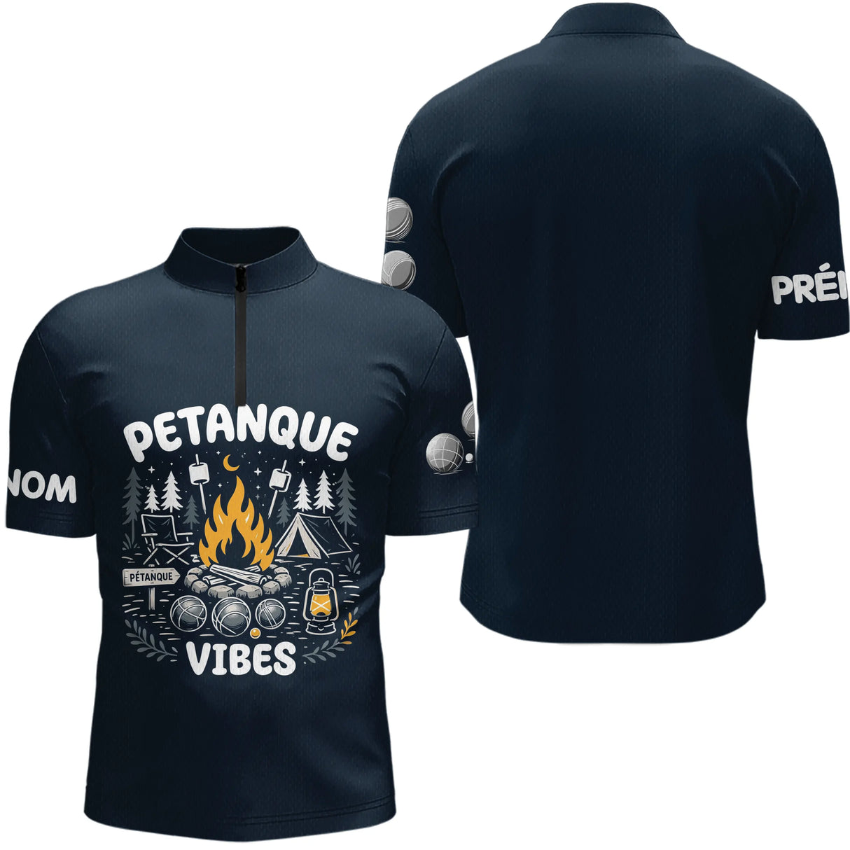 Polo Pétanque & Camping Bleu - Cadeau Boules Homme Femme - Polo Zippé Homme