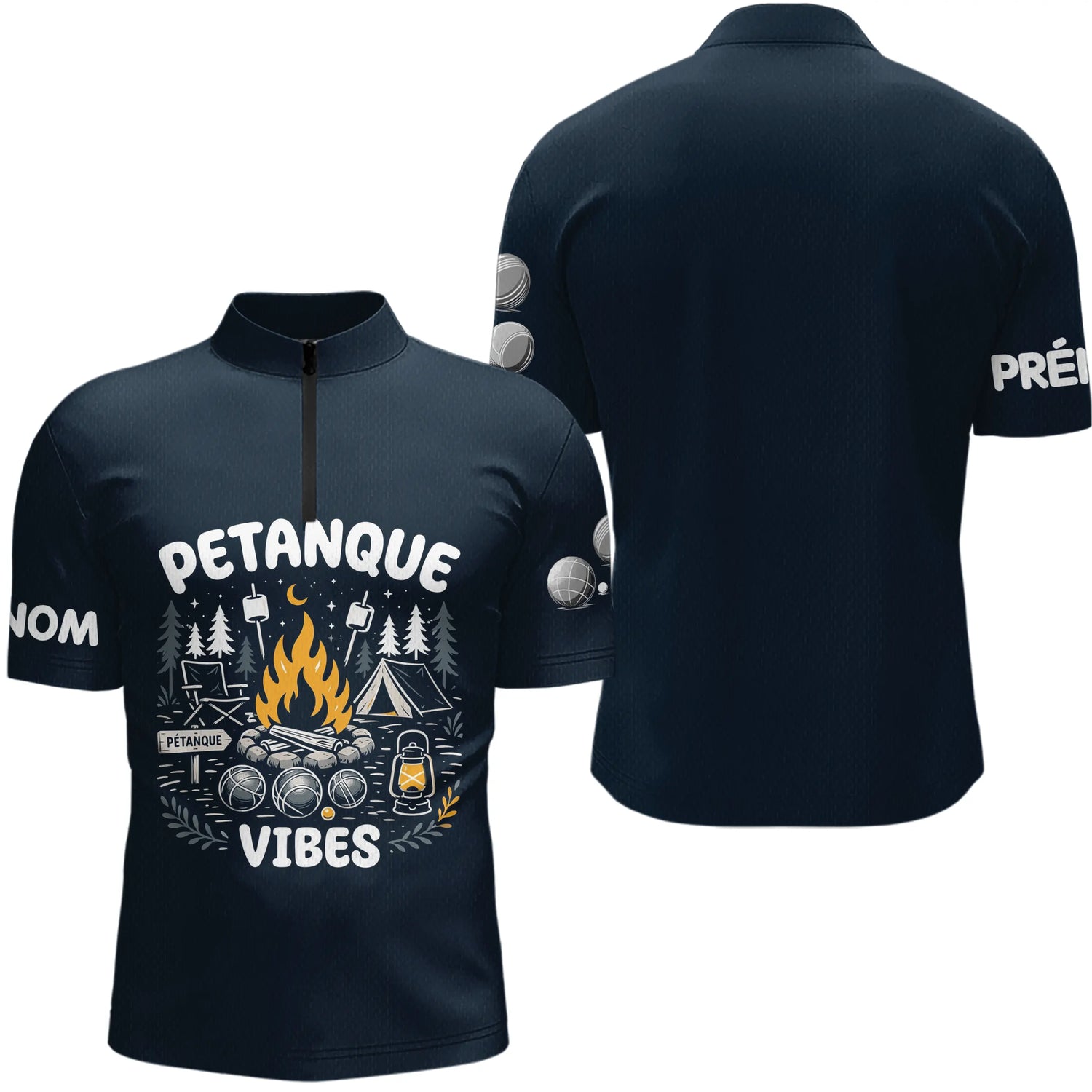 Polo Pétanque & Camping Bleu - Cadeau Boules Homme Femme - Polo Zippé Homme