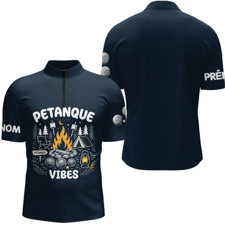 Polo Pétanque & Camping Bleu - Cadeau Boules Homme Femme - Polo Zippé Homme