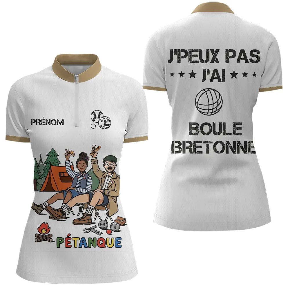 Polo Pétanque Camping Homme Femme - Blanc & Beige Humour- Polo Zippé Femme