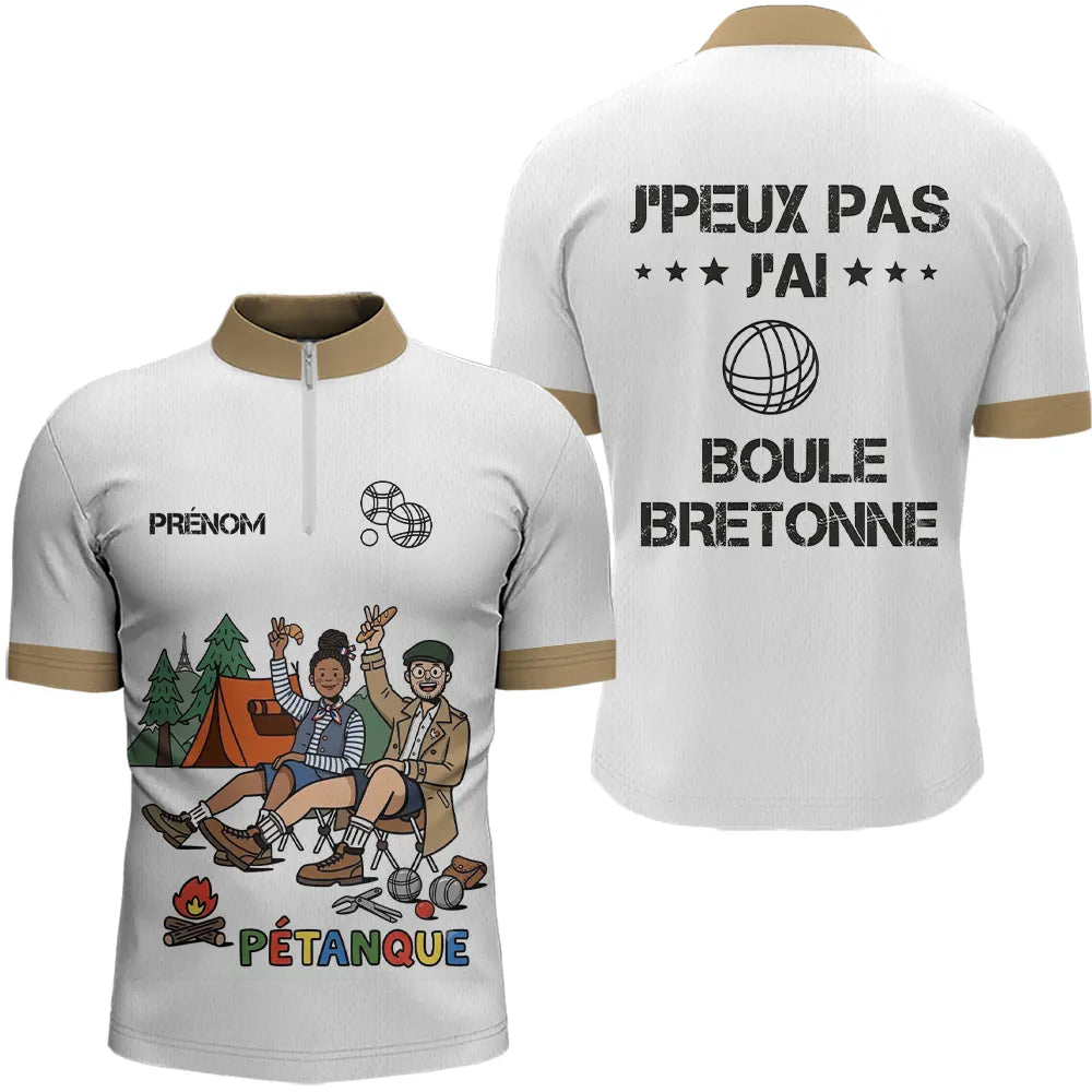 Polo Pétanque Camping Homme Femme - Blanc & Beige Humour- Polo Zippé Homme