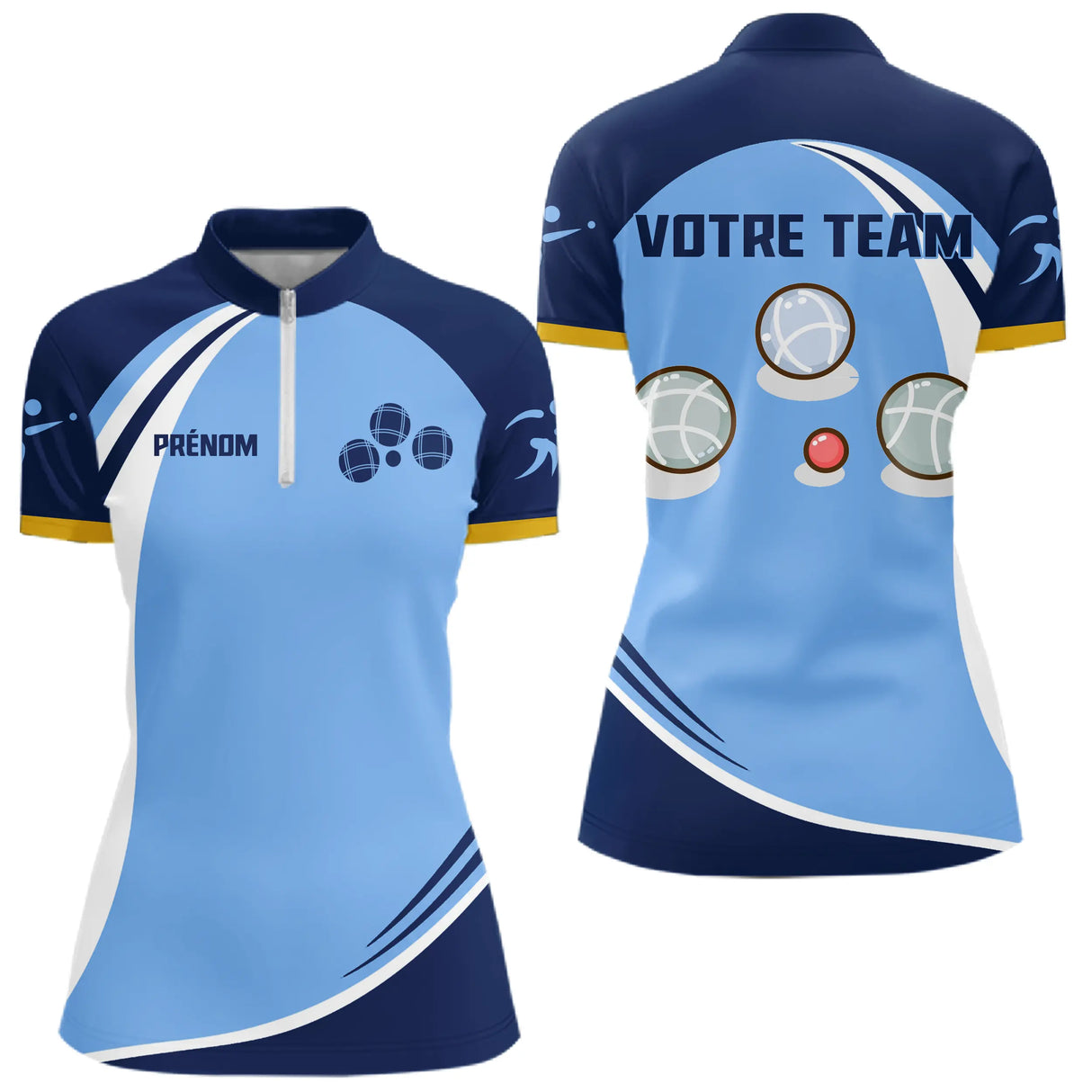 Polo Pétanque Champion Club - Design Sportif Bleu Ciel - Polo Zippé Femme