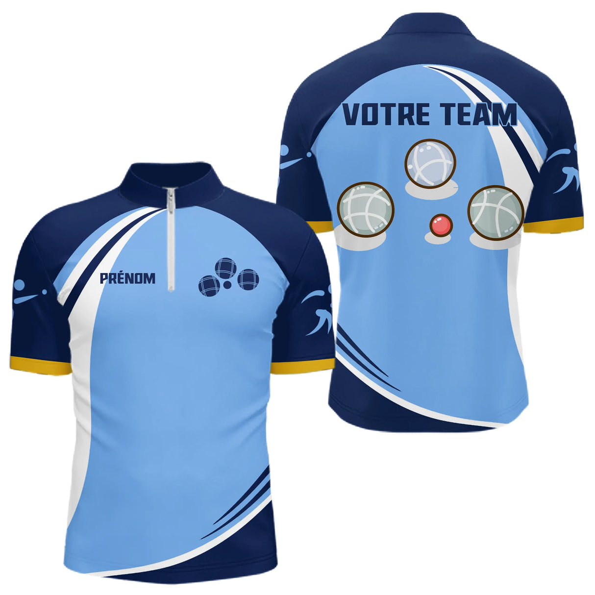 Polo Pétanque Champion Club - Design Sportif Bleu Ciel - Polo Zippé Homme