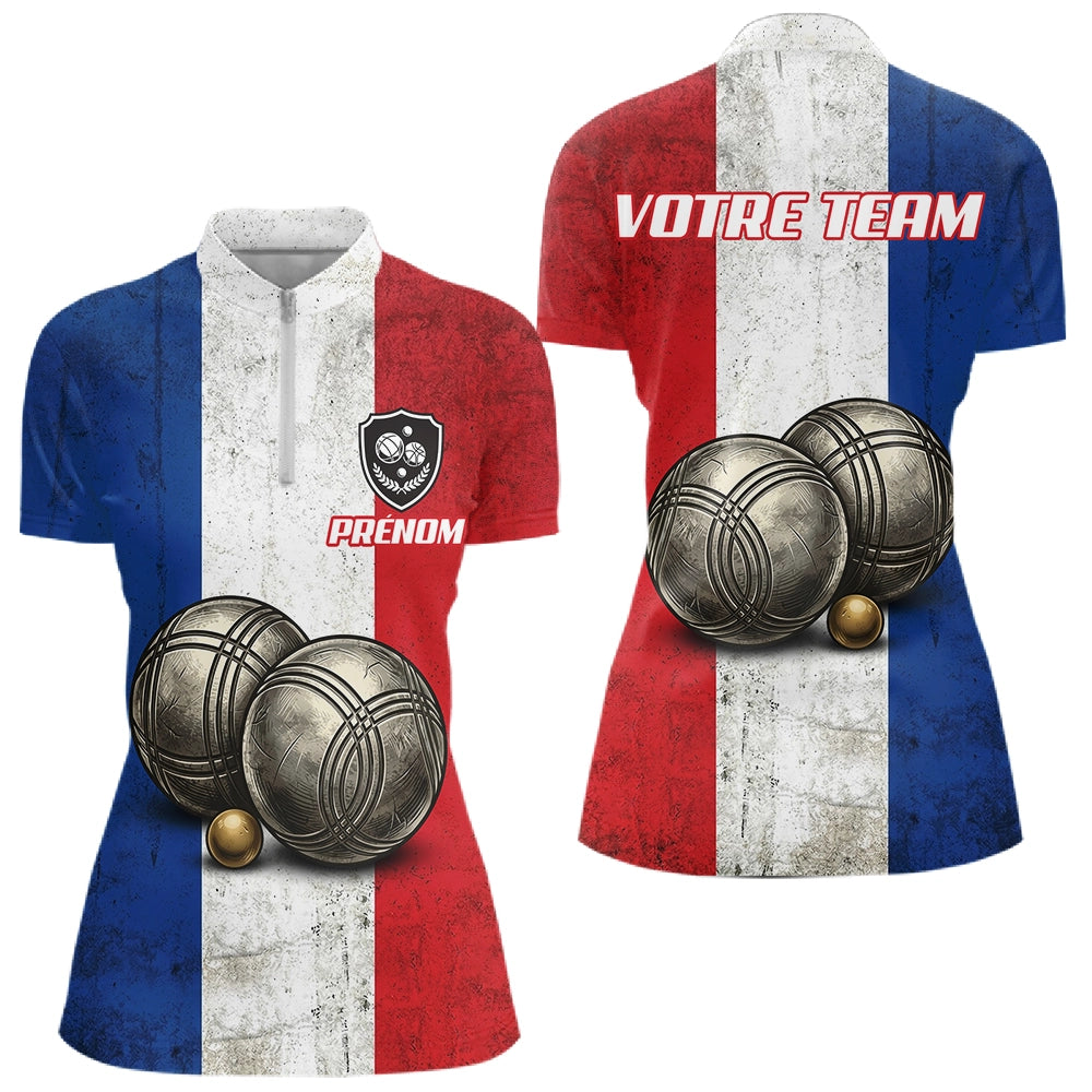 Polo Pétanque Club Drapeau France Vintage - Cochonnet & Boules - Polo Zippé Femme