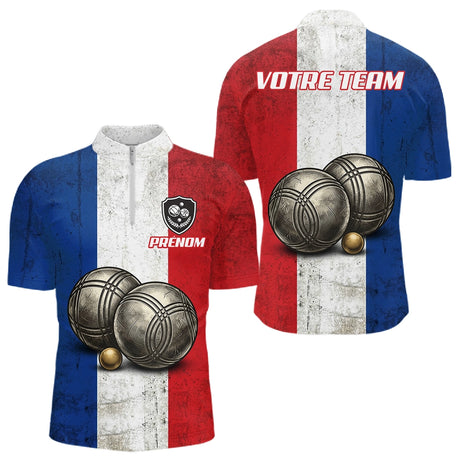 Polo Pétanque Club Drapeau France Vintage - Cochonnet & Boules - Polo Zippé Homme