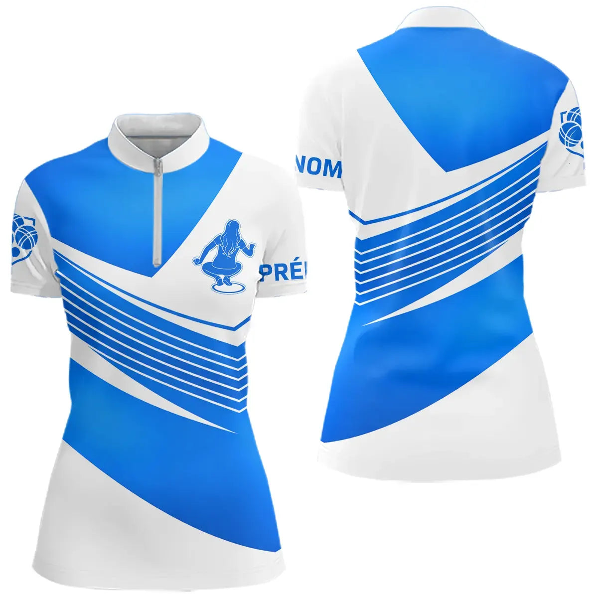 Polo Pétanque Club Homme Femme - Style Boules Bleu & Blanc - Polo Zippé Femme