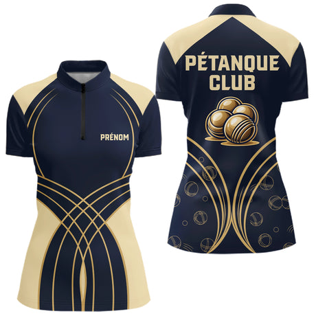 Polo Pétanque Club Personnalisé - Bouliste Gravées Bleu & Or - Polo Zippé Femme