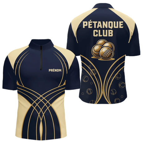 Polo Pétanque Club Personnalisé - Bouliste Gravées Bleu & Or - Polo Zippé Homme