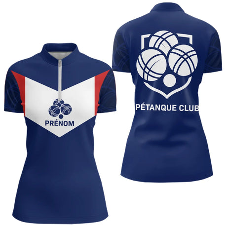 Polo Pétanque Club Prénom - Bleu Blanc De La France - Polo Zippé Femme
