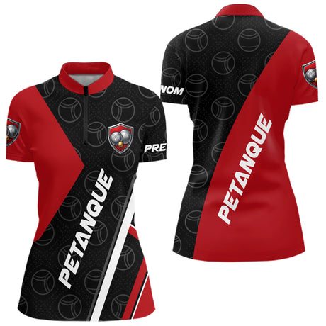 Polo Pétanque Club Prénom - Design Moderne Rouge & Noir - Polo Zippé Femme