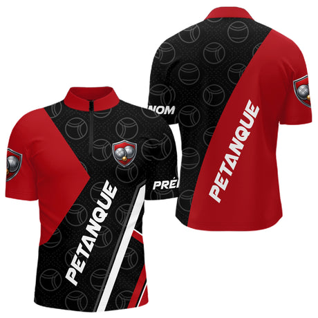 Polo Pétanque Club Prénom - Design Moderne Rouge & Noir - Polo Zippé Homme