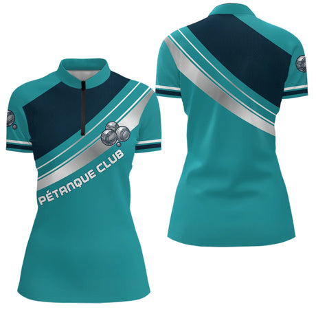 Polo Pétanque Club Turquoise & Bleu Nuit - Bouliste Sportif - Polo Zippé Femme