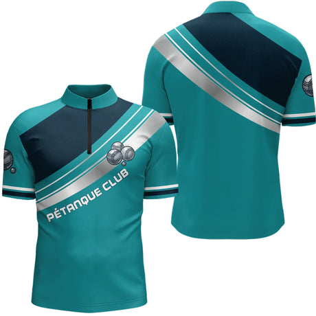 Polo Pétanque Club Turquoise & Bleu Nuit - Bouliste Sportif - Polo Zippé Homme