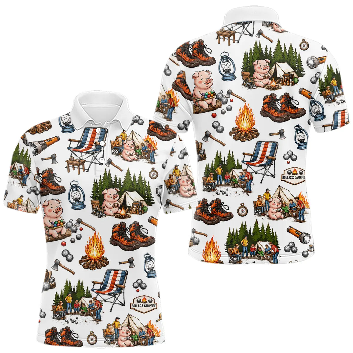 Polo Pétanque Cochonnet & Camping Blanc - Motif Humoristique - Polo Homme