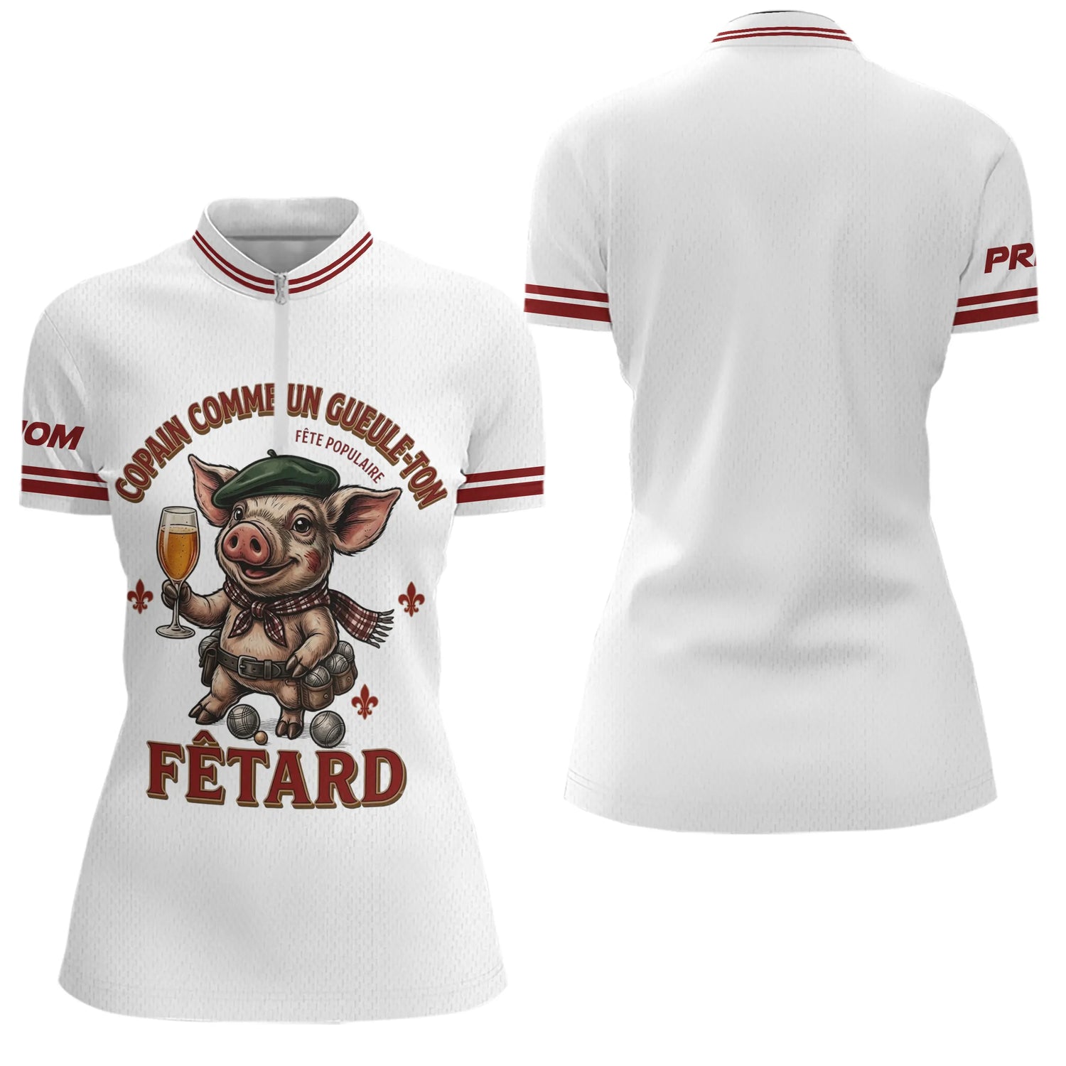 Polo Pétanque Cochonnet Fêtard - Blanc & Rouge Personnalisé - Polo Zippé Femme