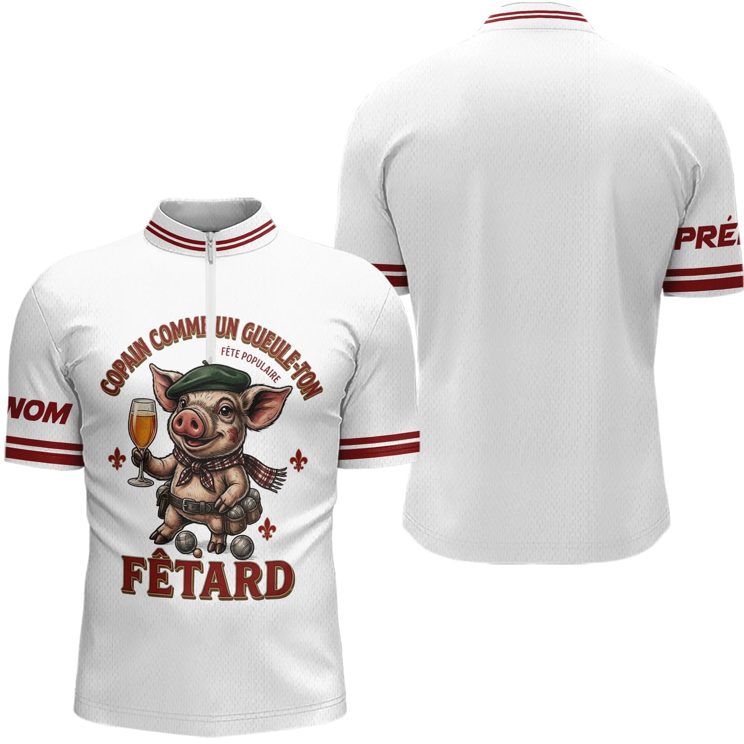 Polo Pétanque Cochonnet Fêtard - Blanc & Rouge Personnalisé - Polo Zippé Homme