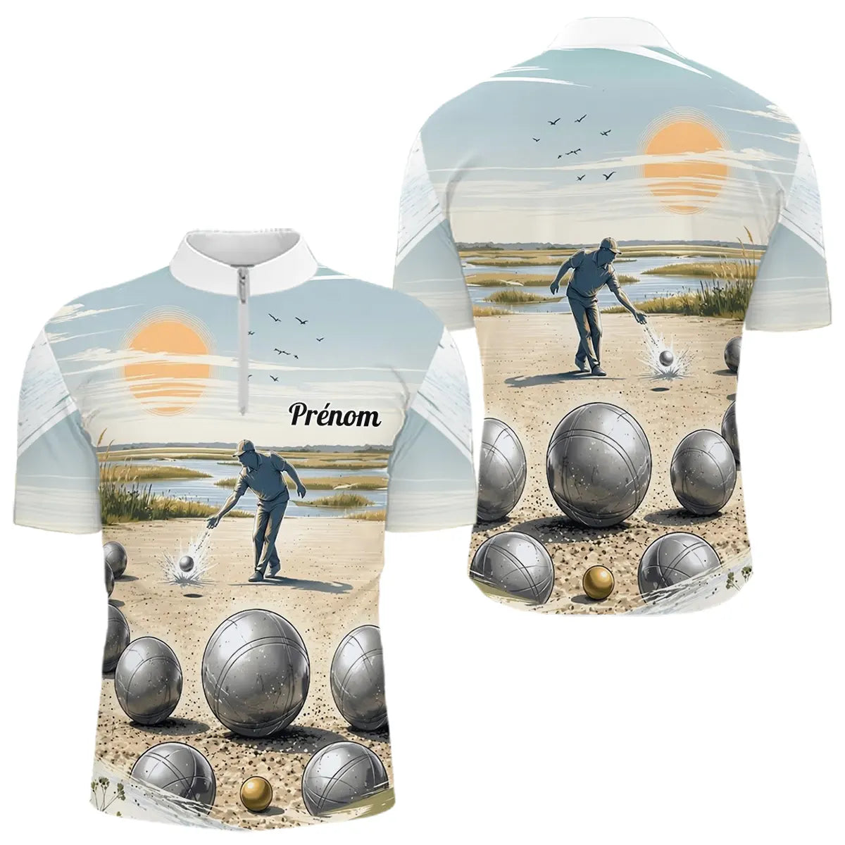 Polo Pétanque Coucher Soleil Bleu - Homme Personnalisé - Polo Zippé Homme