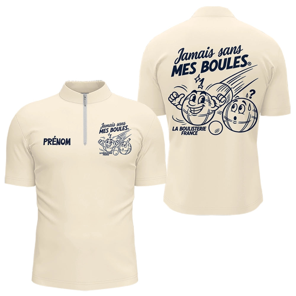 Polo Pétanque Crème Personnalisé - Jamais Sans Mes Boules - Polo Zippé Homme