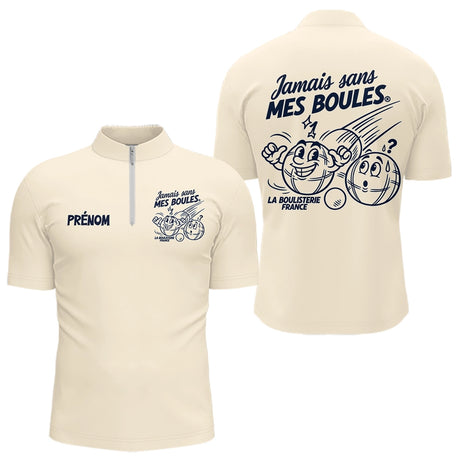 Polo Pétanque Crème Personnalisé - Jamais Sans Mes Boules - Polo Zippé Homme