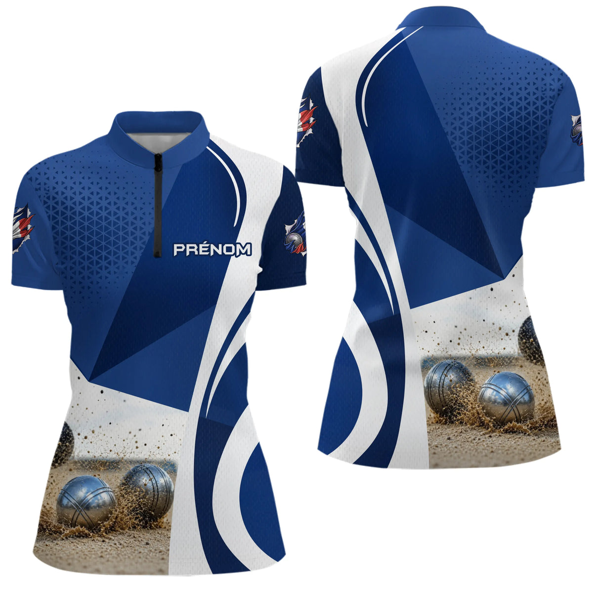 Polo Pétanque Design Boules Sable - Élégant Bleu Marine - Polo Zippé Femme