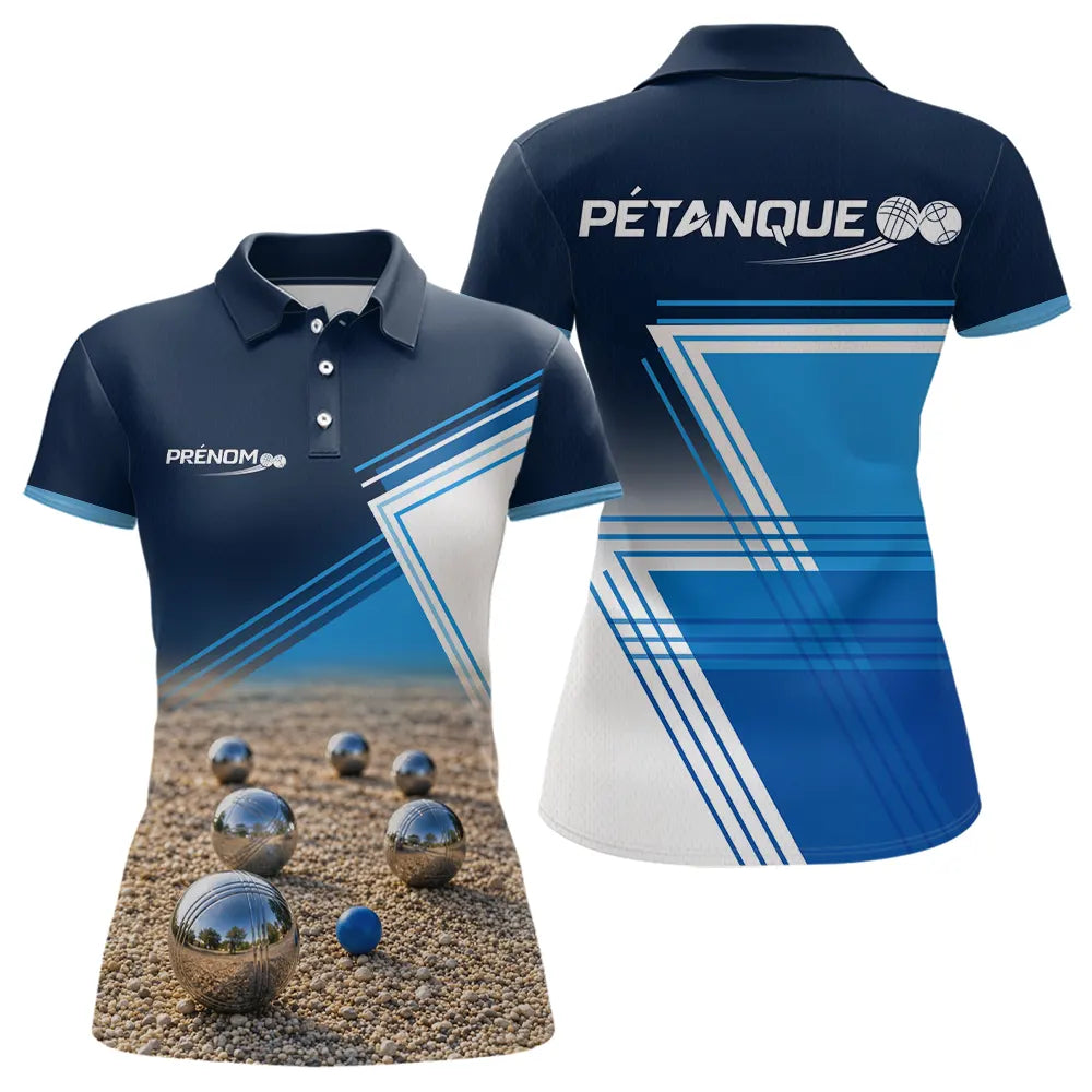 Polo Pétanque Design Sables et Boules - Bleu Personnalisable - Polo Femme