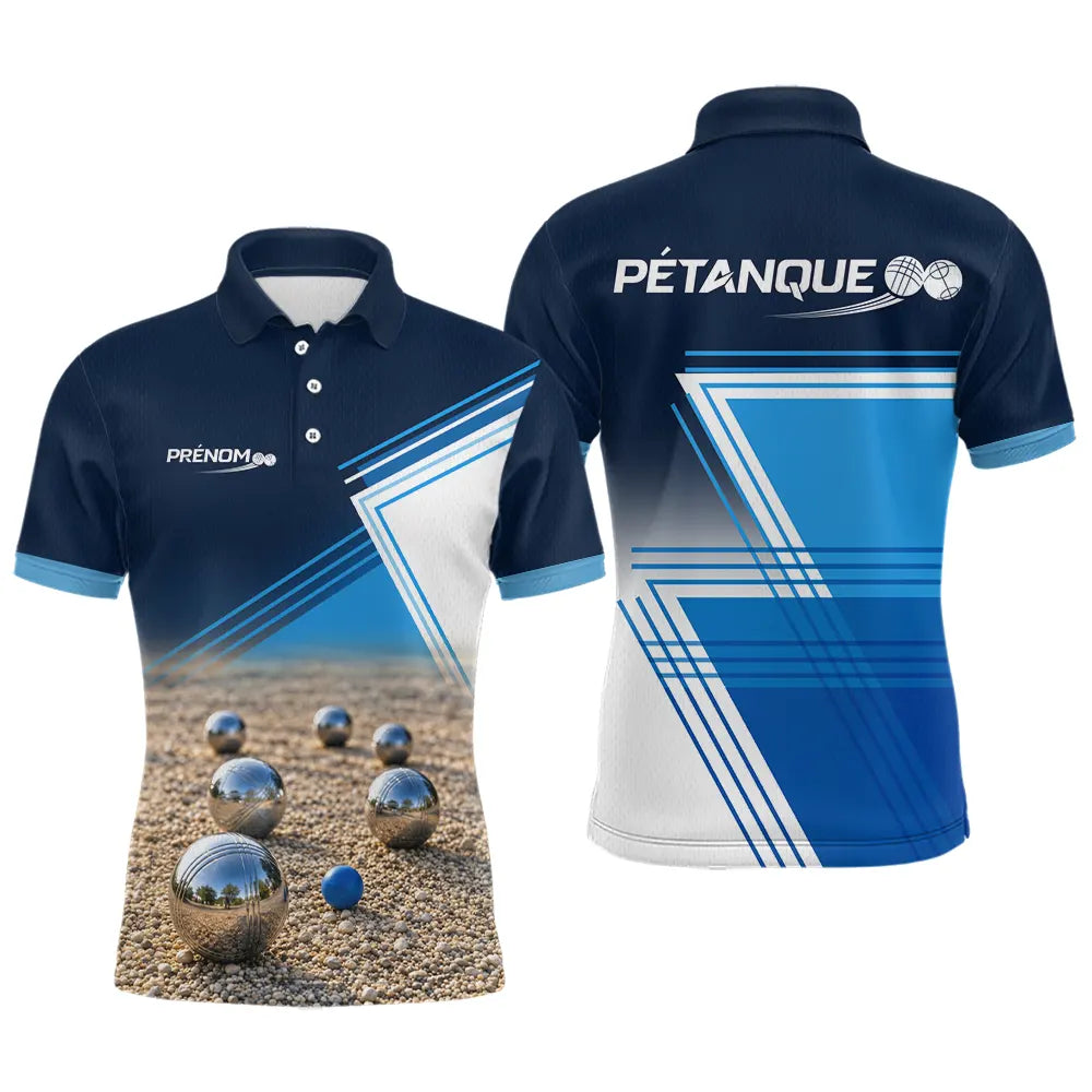 Polo Pétanque Design Sables et Boules - Bleu Personnalisable - Polo Homme