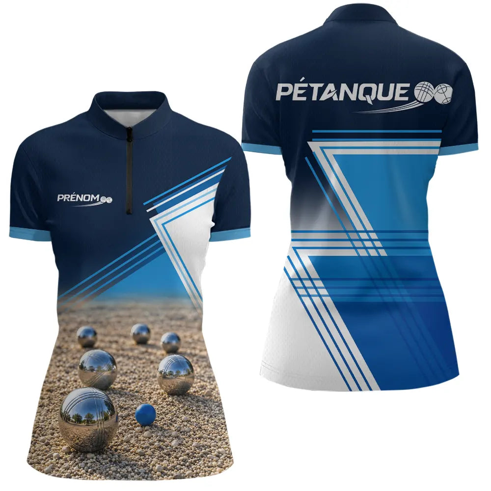 Polo Pétanque Design Sables et Boules - Bleu Personnalisable - Polo Zippé Femme