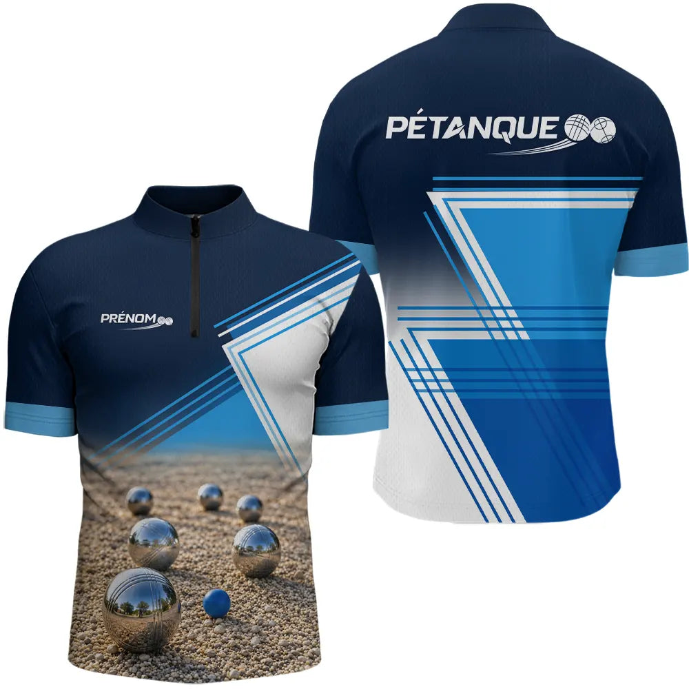 Polo Pétanque Design Sables et Boules - Bleu Personnalisable - Polo Zippé Homme