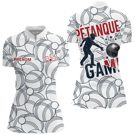 Polo Pétanque Esprit d’Équipe - Design Joueur Blanc - Polo Zippé Femme