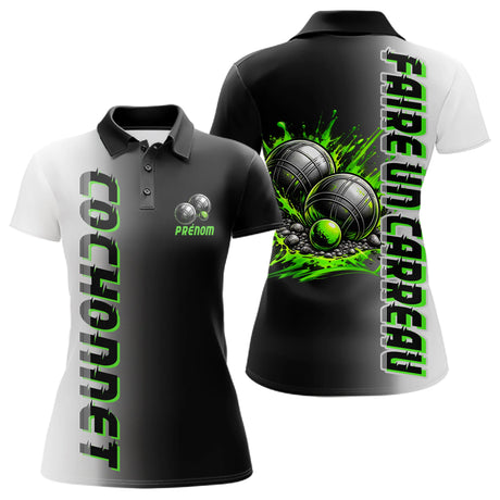 Polo Pétanque Faire un Carreau - Noir Blanc & Vert Néon - Polo Femme