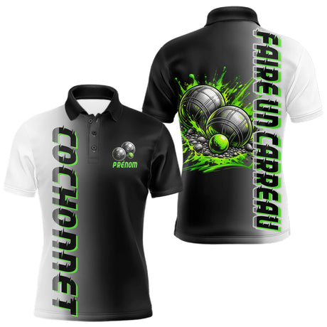 Polo Pétanque Faire un Carreau - Noir Blanc & Vert Néon - Polo Homme