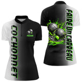 Polo Pétanque Faire un Carreau - Noir Blanc & Vert Néon - Polo Zippé Femme