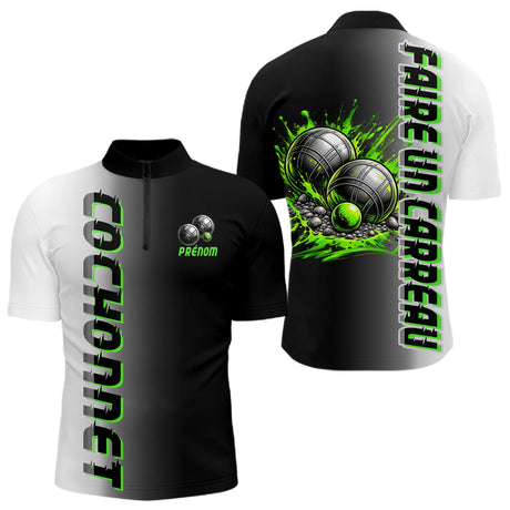 Polo Pétanque Faire un Carreau - Noir Blanc & Vert Néon - Polo Zippé Homme